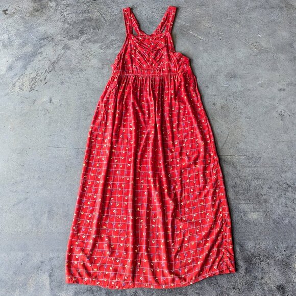 Vintage Pellini Sophisticates Red Patterned Pinafore Overall Maxi Dress small - Picture 2 of 8